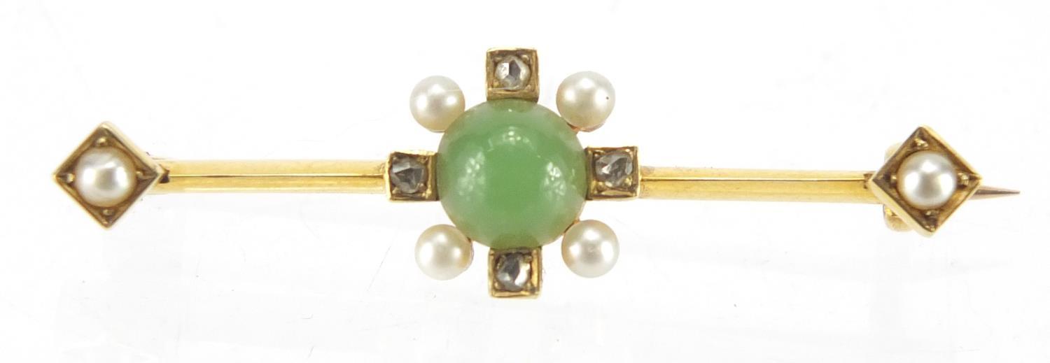 Unmarked gold jade, diamond and pearl bar brooch, 4cm in length, approximate weight 4.0g : For extra