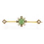 Unmarked gold jade, diamond and pearl bar brooch, 4cm in length, approximate weight 4.0g : For extra