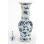 Two Chinese blue and white porcelain vases including a miniature example, hand painted with