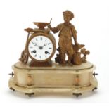 French figural gilt metal and alabaster mantel clock, with enamelled dial and Roman numerals, 29cm