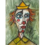 Head and shoulders portrait of a clown, ink and watercolour, bearing a signature Bernard Buffet,