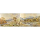 J Godet - Cattle in water before mountains, pair of 19th century watercolours, framed, each 59.5cm x