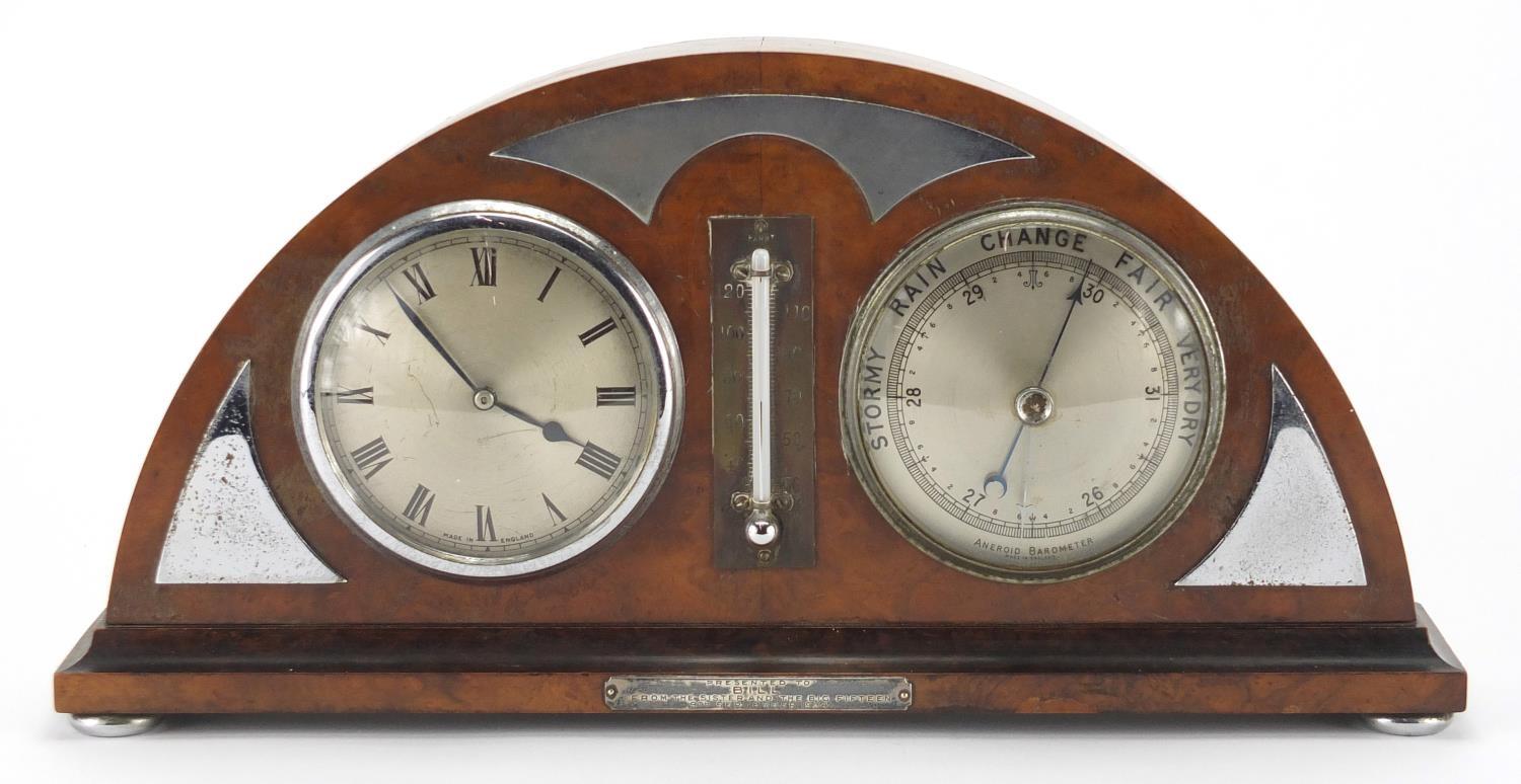 Art Deco walnut dome topped desk clock, barometer and thermometer, with chrome mounts, 17.5cm high :