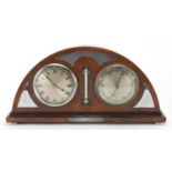 Art Deco walnut dome topped desk clock, barometer and thermometer, with chrome mounts, 17.5cm high :