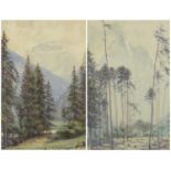 S Atkinson - Alpine mountain landscape, two early 20th century watercolours, mounted and framed, the