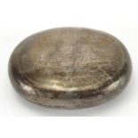 Military interest oval silver squeeze snuff box, engraved To Sergeant W J Brooks 6th Battalion