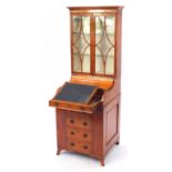 Satinwood secretaire bookcase, with piano top desk above four central drawers, 164cm H x 55cm W x