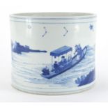 Chinese cylindrical blue and white porcelain brush pot, hand painted with figures in a junk and