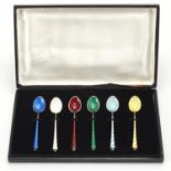 Set of six Danish sterling silver and guilloche enamel teaspoons, housed in a fitted case, 9.5cm