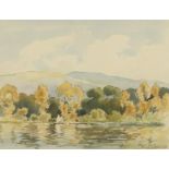 Percy Lancaster - The Boathouse, Loughrigg Tarn, watercolour, label and inscribed verso, mounted and