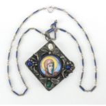 Silver Filigree pendant with central enamel panel, hand painted with a portrait of Madonna, set with