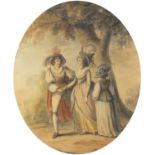 Attributed to Henry W Bunbury - Three figures beside a tree, early 19th century oval watercolour,