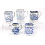 Five Victorian and later blue and white transfer printed pottery tankards including a Hilchurn