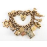 9ct gold charm bracelet, with charms including emergency notes, ships wheel, dog, koala and watering