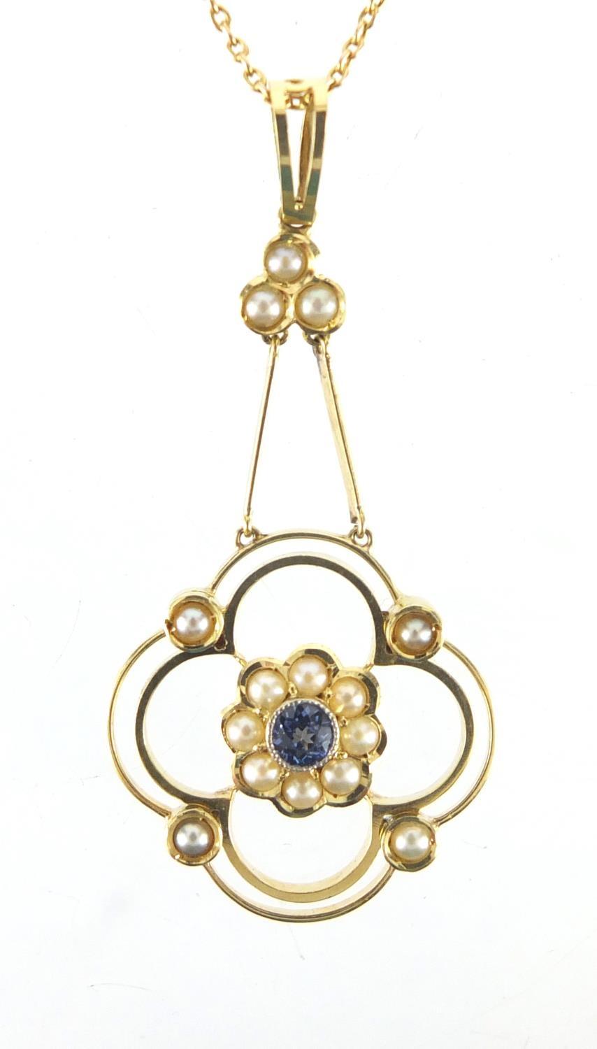 Art Nouveau 15ct gold seed pearl and blue stone pendant, on a 9ct gold necklace, the pendant 4.5cm