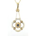 Art Nouveau 15ct gold seed pearl and blue stone pendant, on a 9ct gold necklace, the pendant 4.5cm