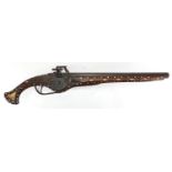 Antique wheel-lock pistol with octagonal barrel, inlaid with bone and Mother of Pearl, 65cm in