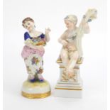 Two hand painted continental porcelain figures of a cupid seated on a pedestal and a young girl