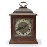 Mahogany cased Westminster chiming mantel clock, with silvered chapter ring and Roman numerals, 31cm