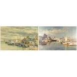 John Hamilton Glass - Harbour scenes with fishing boats, pair of heightened watercolours, mounted