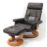 Brown leather easy char and foot stool, 100cm high : For extra condition reports please visit www.