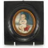 19th century oval hand painted portrait miniature of a nude young boy, inscribed Antonio Nasti 1840,