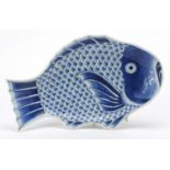 Chinese blue and white porcelain fish plate, four figure character marks to the reverse, 37cm wide :