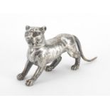 Edwardian silver commemorative silver model of a leopard, the collar engraved Coronation 1902,