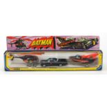 Vintage Corgi Batman gift set with box comprising Batmobile, Batboat on trailer and Batcopter :