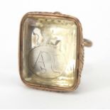 Victorian unmarked gold citrine Intaglio seal fob, with serpent suspension loop, 3cm high x 2.6cm in