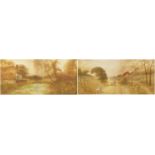 Figure in a cart and lake beside a cottage, pair of 19th century watercolours, one bearing a