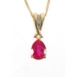 9ct gold pink stone and diamond pendant on a 9ct gold necklace, the pendant 2cm in length,