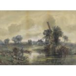 Walter G Reynolds - Figure in a punt before a windmill, watercolour on paper, mounted and framed,