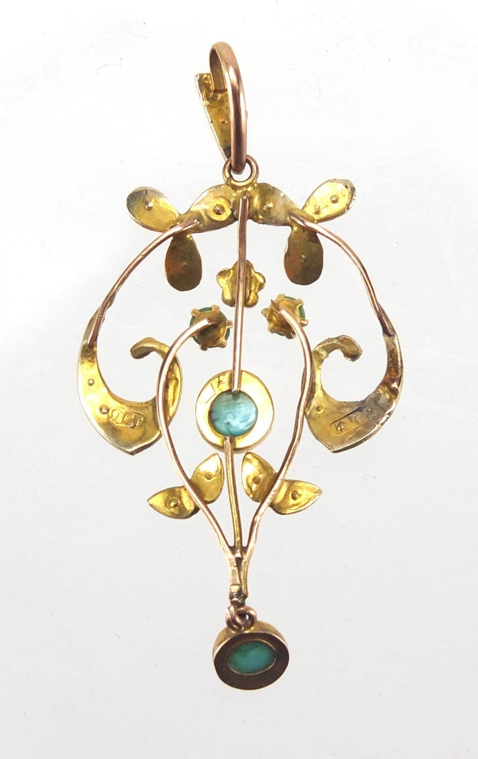 Art Nouveau 9ct gold turquoise and seed pearl pendant, 4.5cm in length, approximate weight 2.2g : - Image 2 of 3