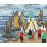 Harbour scene with figures, gouache on card, bearing an indistinct signature possibly Markey,