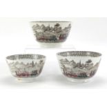 Graduated set of three Victorian pottery bowls, each hand coloured with a railway scene, the largest