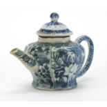 Chinese blue and white porcelain teapot with octagonal body, hand painted with flowers, 17cm in