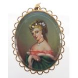 9ct gold hand painted portrait brooch pendant, with jewelled decoration, 4.5cm in length,