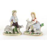 Pair of Sitzendorf hand painted porcelain figures of shepherd and shepherdess, factory marks to