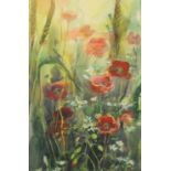 Wendy Jelbert - Poppies, heightened watercolour, inscribed verso, mounted and framed, 38cm x 25.