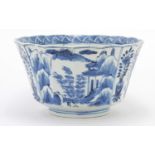 Chinese blue and white porcelain lobed bowl, hand painted with panels of landscapes, vases and