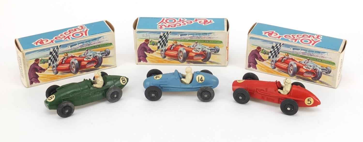 Three vintage die cast vehicles with boxes, Ferrari Grand Prix racing car 1286, Sonnaught 2 litre