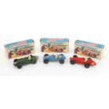 Three vintage die cast vehicles with boxes, Ferrari Grand Prix racing car 1286, Sonnaught 2 litre