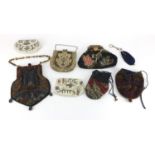 Eight vintage bags and purse including an Art Deco beadwork example with faux tortoiseshell mount,