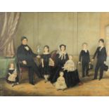 Portrait of a family in an interior, 19th century heightened watercolour, inscribed verso, mounted