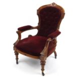 Victorian walnut gentleman's chair with red velvet button back upholstery, 100cm high : For extra