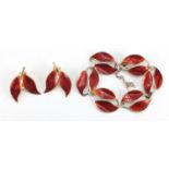 Norwegian 925s sterling silver and enamel leaf design bracelet and clip on earrings, by David