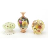 Royal Worcester vase hand painted with roses and two Worcester potpourri's, factory marks to the