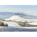 Andrew Dandridge - Over The Winter Fields to Firle Beacon, heightened watercolour and gouache, label