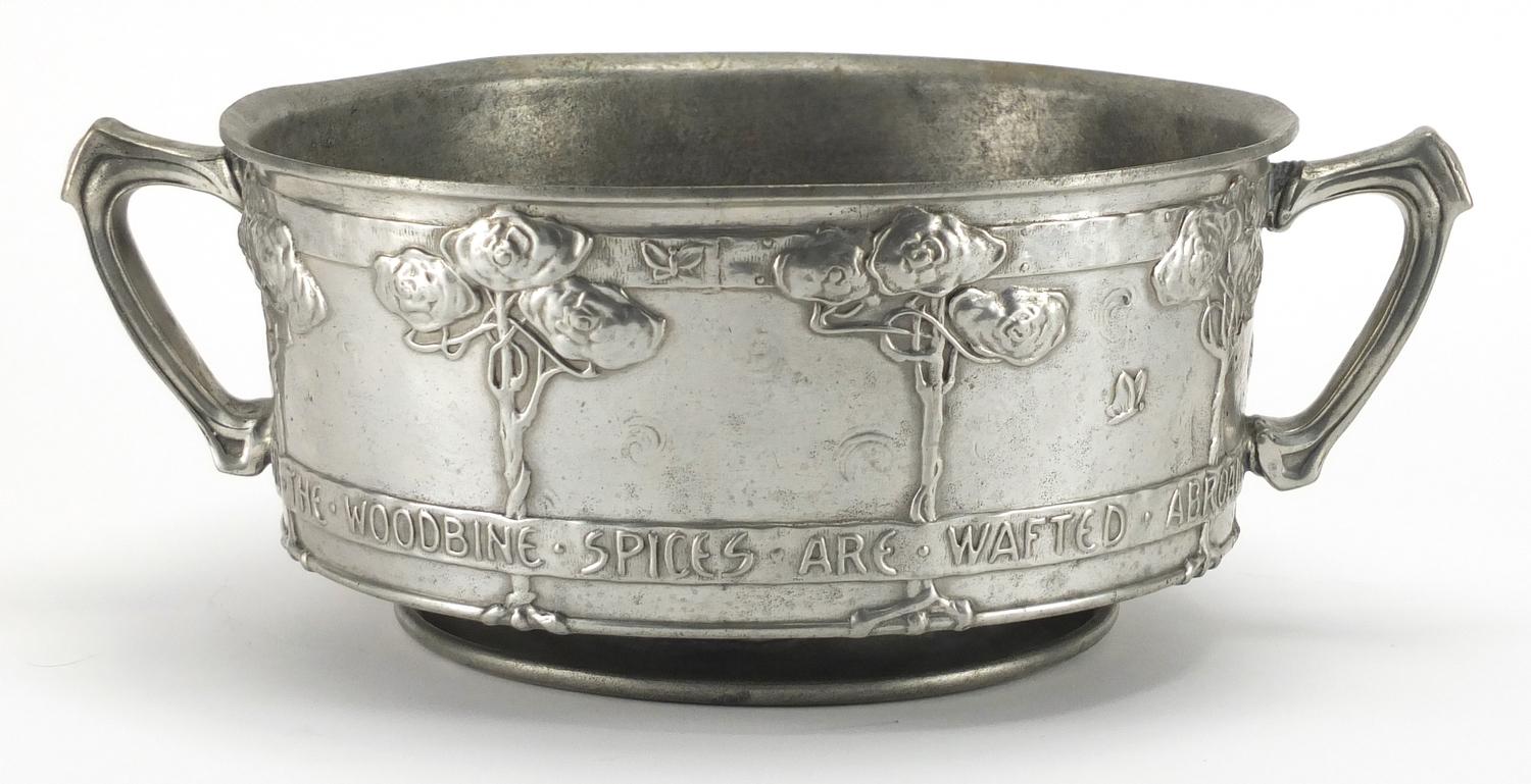 Arts & Crafts Liberty & Co Tudric pewter Woodbine Spices bowl with twin handles, designed by David